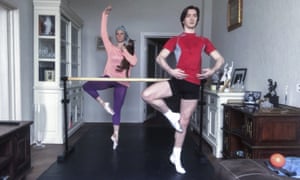 Maria Alexandrova and Vladislav Lantratov, Russian dancers from the Bolshoi Ballet, participate in online training with their ballet partners in Moscow.