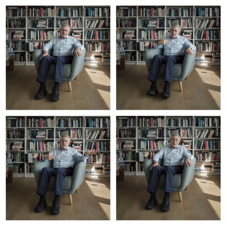 Block of four pictures of former British prime minister Gordon Brown sitting in a grey tub chair in front of a wall of bookshelves