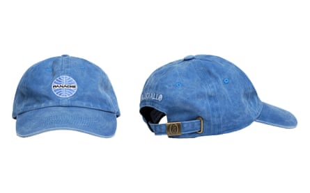 A front and side view of a denum Blugial Panache Airways cap