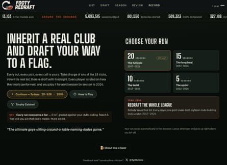 A screenshot of online AFL game Footy Redraft's front page