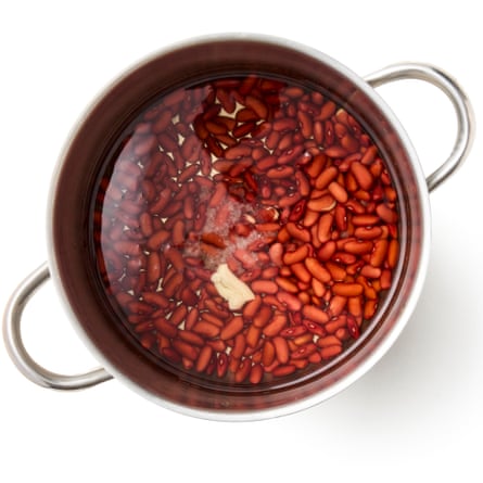 beans in a pan with garlic and water