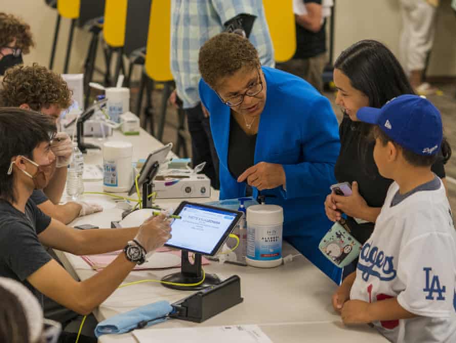 Karen Bass casts her vote in the contest to become Los Angeles’ next mayor at the Baldwin Hills Crenshaw Mall Community in Los Angeles.
