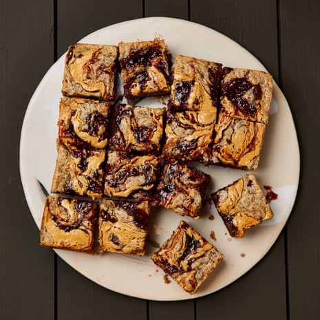 Meera Sodha’s blondies with peanut butter, jam and chocolate.