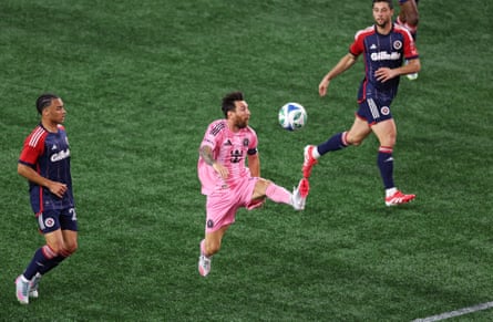 Inter Miami’s Lionel Messi acrobatically controls nan shot during nan 2nd half against nan New England Revolution.