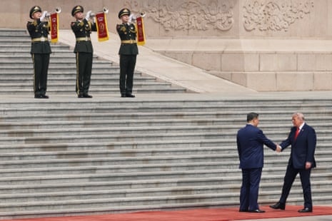 US president Donald Trump is greeted by Chinese President Xi Jinping during a welcome ceremony at the Great Hall of the People on 14 May, 2026 in Beijing, China.
