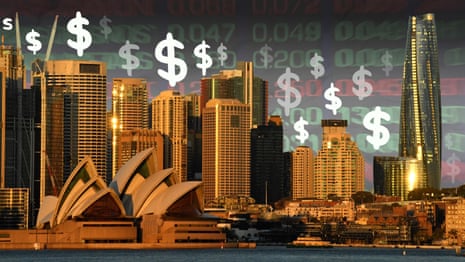 The Sydney skyline with dollar signs and the ASX in the sky