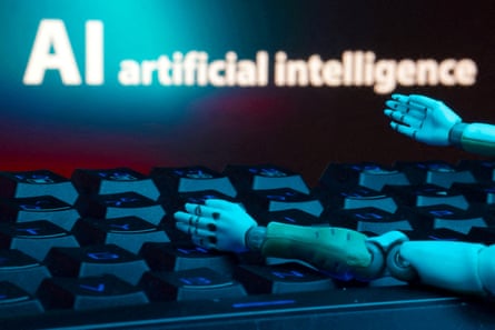 an illustration showing a robot arm using an oversized computer with the words AI artificial intelligence on a screen