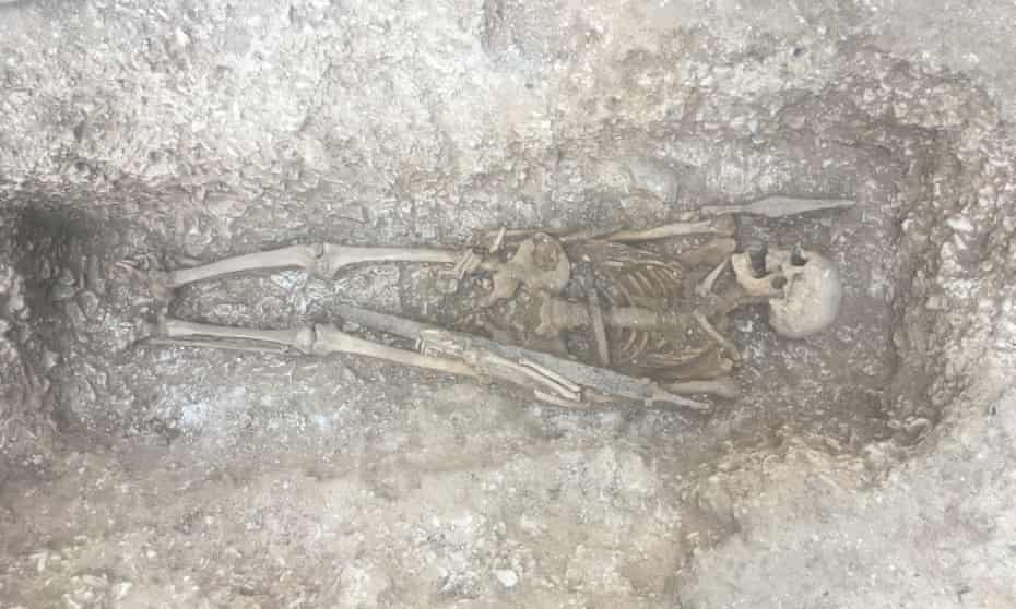 The skeleton of a 6th century warrior in his grave.