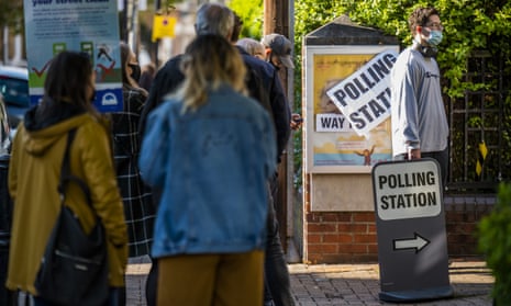 Elections for the Mayor and London Assembly under eased covid lockdown conditions, in Balham, Wandsworth, London, UK, on 06 May 2021.Covid rules and the desire to vote (with plenty of young people in evidence), led to queues at a polling station in Wandsworth. 