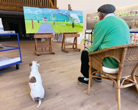 Seeing afresh … Hockney with his dog Ruby in his Normandy studio last May.