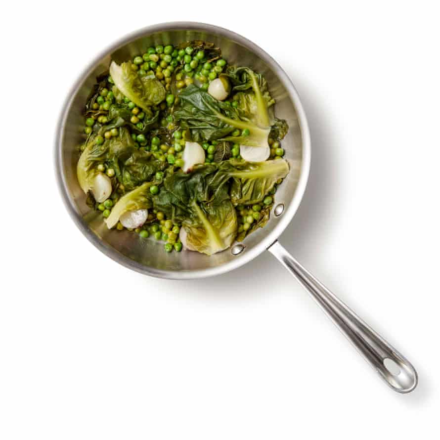 Perfect petit pois a la Francais step 03a: leave to cook very gently for about 30 minutes, shaking the pan occasionally, until the peas are soft and buttery.