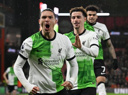 Darwin Núñez is congratulated by Curtis Jones (centre) and Luis Díaz after Jürgen Klopp’s half-time rejig brought a goal within four minutes.