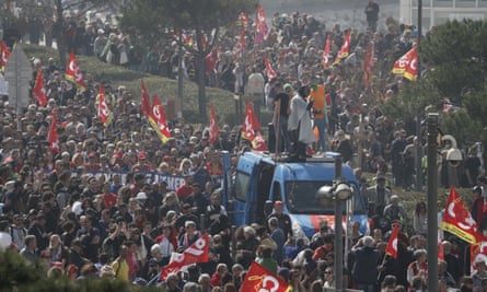 Crowds of protesters with CGT union flags in Marseille