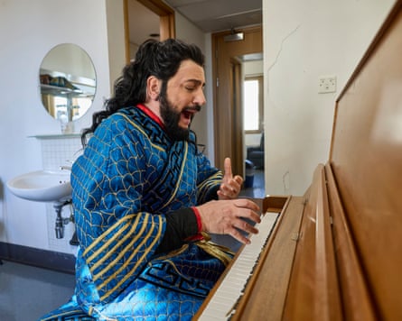 Yusif Eyvazov does vocal warm-ups in his dressing room.