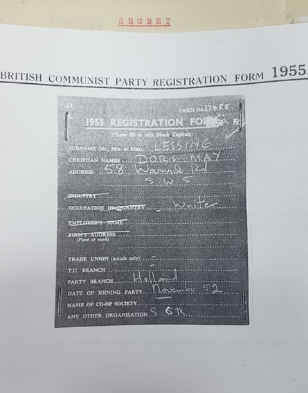 Lessing’s British communist party registration form.