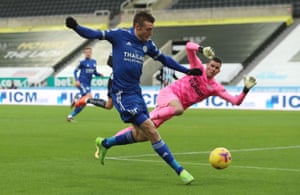 Leicester City’s Jamie Vardy scores a goal that was later disallowed.