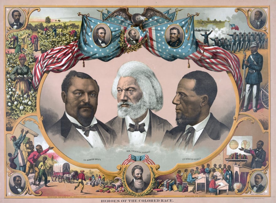 A chromolithograph, containing portraits of Douglass, Blanche Kelso Bruce and Hirah Rhoades Revels.