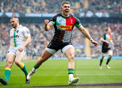 Luke Northmore celebrates scoring Quins’ first try.