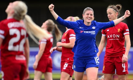 Maren Mjelde of Chelsea Ladies celebrates after she scores to make it 1-0 during their WSL match against Liverpool Ladies.