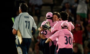 Middlesex’s delighted players enjoy the run out of Justin Kemp from the final ball, which had required four runs.