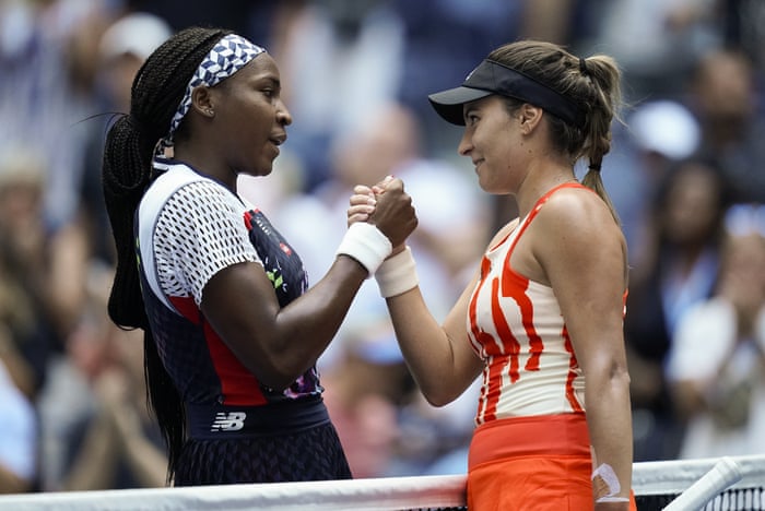 Coco Gauff (left) shakes hands with Elena Gabriel Ross after winning the second round.