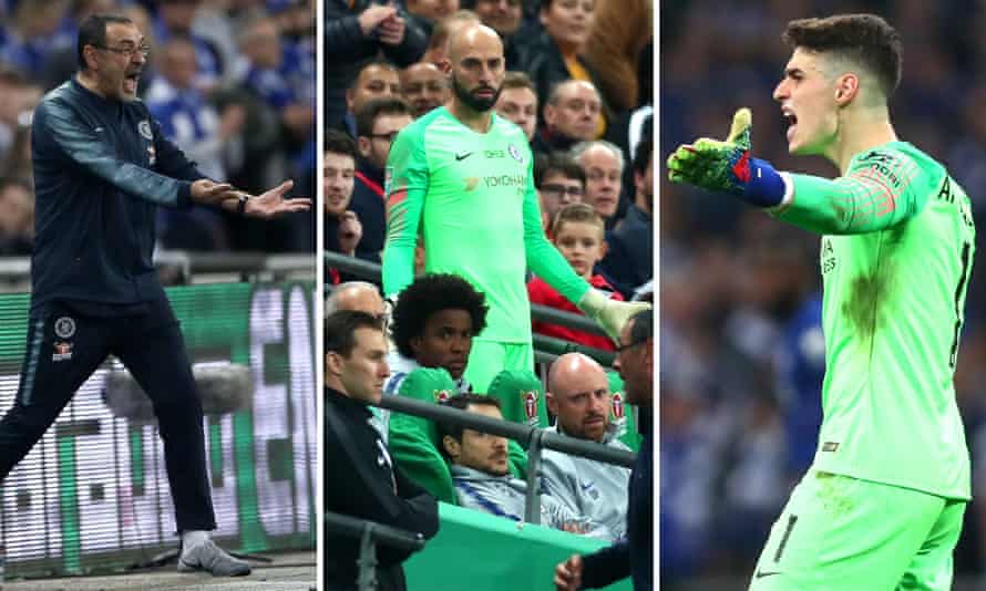 Kepa Arrizabalaga tries to deliver some fake news to Maurizio Sarri in 2019.