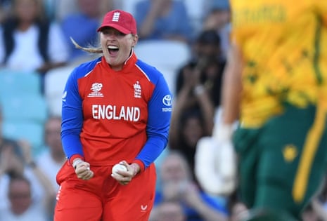 Sophie Ecclestone of England celebrates after catching Laura Wolvaardt.