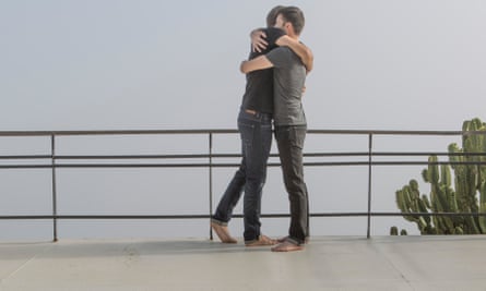 A couple hugging.