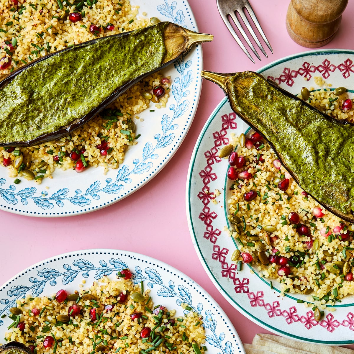 Aubergines with green tahini crust and cracked wheat pilaf Aubergines with green tahini crust and cracked wheat pilaf