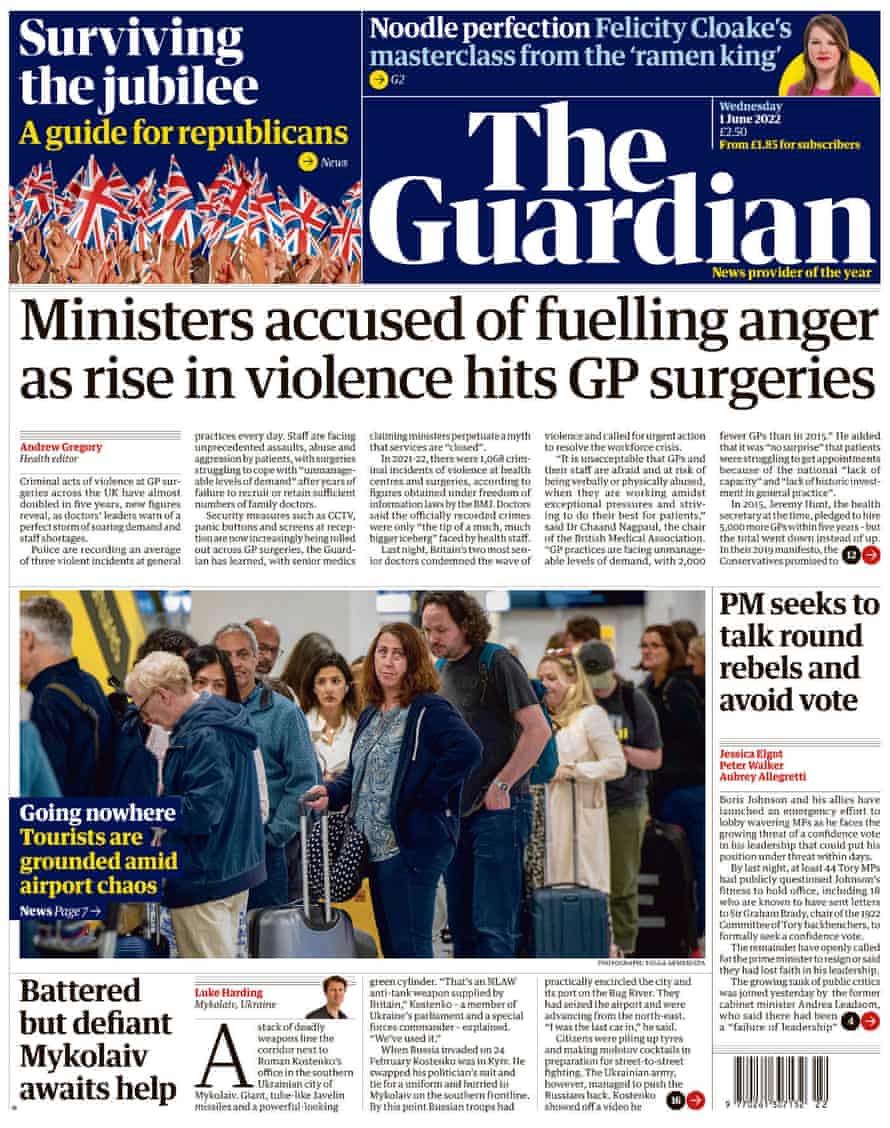 Guardian front page, 1 June 2022