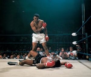 Muhammad Ali knocks out Sonny Liston in the first round of their May 1965 fight.