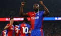 Jean-Philippe Mateta celebrates giving Palace a two-goal lead at the break.