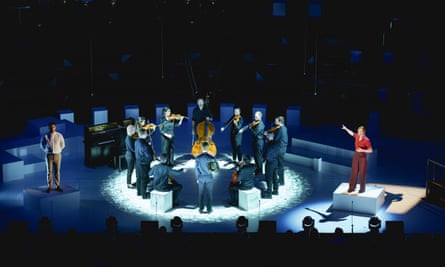 Charlotte Ritchie (right) and Karl Queensborough far left) with the Aurora Orchestra for The Rite by Heart, a dramatic and musical exploration of Stravinksy’s The Rite of Spring at the Proms