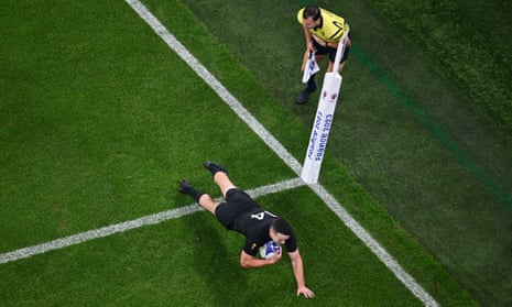 Will Jordan of New Zealand scores his team's sixth try.