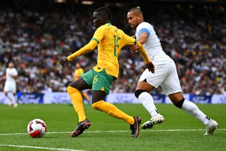 Garang Kuol during his Socceroos debut against New Zealand on Sunday.