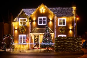 Christmas lights decorating a festive themed house on Baroness Road, Audenshaw, Greater Manchester.