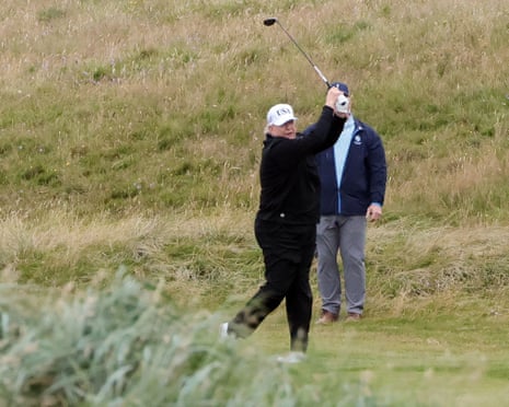 American President Donald Trump playing golf at Turnberry Golf Club, which he owns, in Scotland on Sunday.