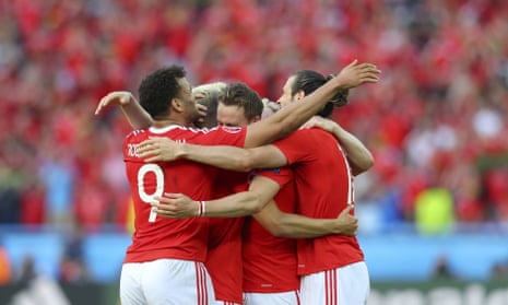 From left, Wales’s Hal Robson Kanu, Wales’s Chris Gunter, Wales’s Aaron Ramsey and Wales’s Gareth Bale celebrate.