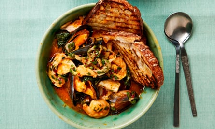 Yotam Ottolenghi's seafood in saffron and cascabel chilli broth.
