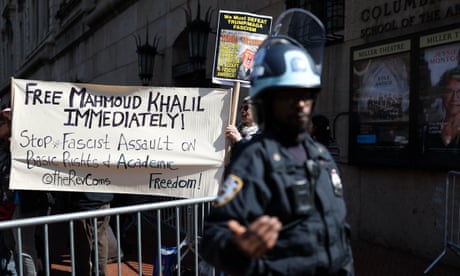 Activists demonstrate in front of Columbia University in support of Mahmoud Khalil, in New York on Friday.