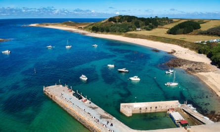 View of harbour and bay at Herm, on a sunny day, in the Channel Islands.