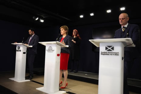 Nicola Sturgeon, Humza Yousaf (left) and deputy chief medical officer Gregor Smith during a press conference at St Andrews House in Edinburgh this morning.
