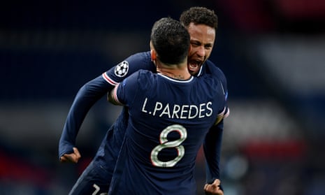 Neymar celebrates Paris Saint-Germain’s passage to the Champions League semi-finals with Leandro Paredes after Tuesday’s game against Bayern Munich.