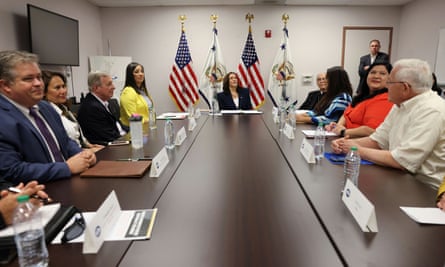 Harris takes part in a round table with faith and community leaders who are assisting with the processing of migrants seeking asylum, at Paso del Norte port of entry in El Paso.