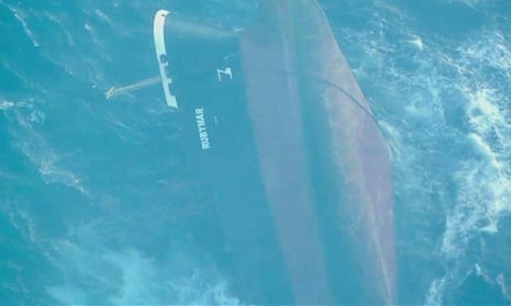Aerial view of the Rubymar under water in the Red Sea