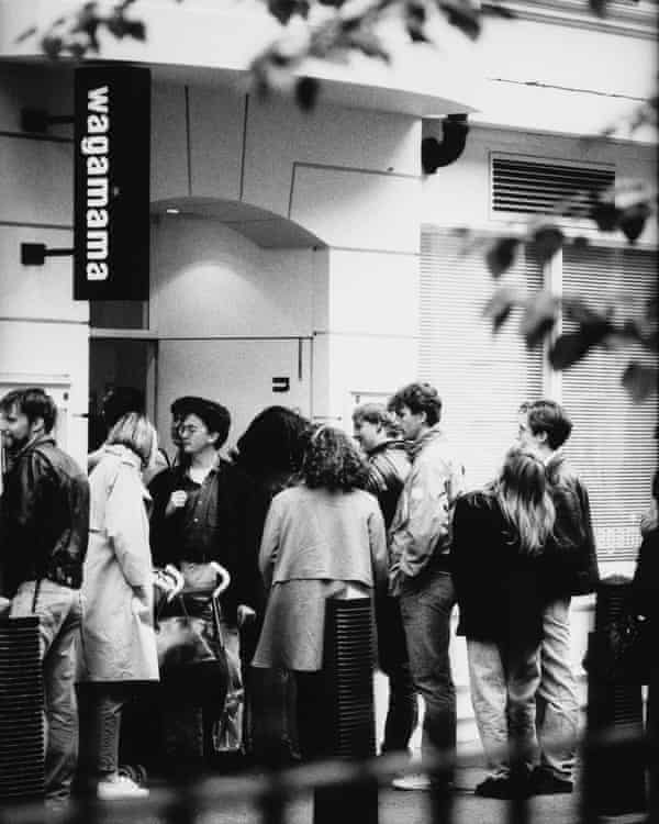 The queue outside the first branch of Wagamama, in Streatham Street, London, on its opening day, 22 April 1992
