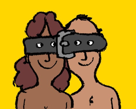 An illustration of two smiling people with their heads tied together by a belt against a bright yellow background.