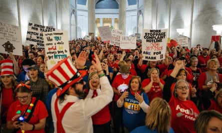 Striking school workers inside the West Virginia State Capitol in Charleston.