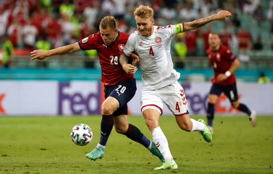 Simon Kjær battling with the Czech Republic’s Matej Vydra during Denmark’s quarter-final win.
