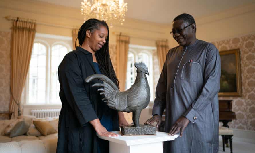 Sonita Alleyne (left) with the director general of Nigeria’s National Commission for Museums and Monuments, Prof Abba Isa Tijani, with the looted Benin bronze ahead of the restitution ceremony.